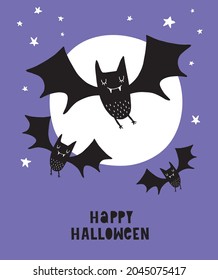 Funny Hand Drawn Halloween Vector Illustration. Cute Black Flying Bats, Handwritten Happy Halloween and White Full Moon on a Violet Background. Funny Halloween Print for Card, Poster, Wall Art.