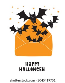 Funny Hand Drawn Halloween Vector Illustration. Cute Black Bats Flying Out of the Envelope and Handwritten Happy Halloween and on a White Background. Funny Halloween Print for Card, Poster, Wall Art.