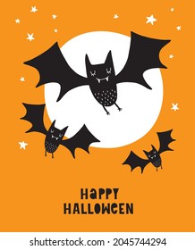 Funny Hand Drawn Halloween Vector Illustration. Cute Black Flying Bats, Handwritten Happy Halloween and White Full Moon on an Orange Background. Funny Halloween Print for Card, Poster, Wall Art.