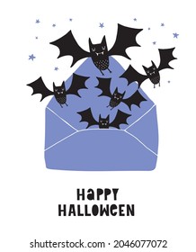 Funny Hand Drawn Halloween Vector Illustration. Cute Black Bats Flying Out of the Envelope and Handwritten Happy Halloween and on a White Background. Funny Halloween Print for Card, Poster, Wall Art.