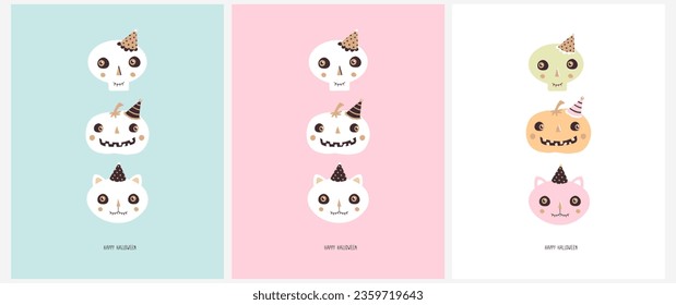 Funny Hand Drawn Halloween Vector Cards. Set of 3 Prints with Skull, Pumpkin and Cat on a Pastel Pink, Light Blue and White Background. Halloween Party  Illustrations. RGB Colors.