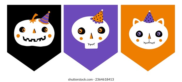 Funny Hand Drawn Halloween Vector Bunting. Garland with White Skull, Pumpkin and Cat on a Black, Violet and Orange Background. Halloween Party DIY Printable Decoration. RGB Colors.