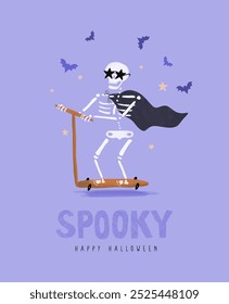 Funny Hand Drawn Halloween Vector Card. Funny Skelleton Wearing Starry Sunglasses Riding a Kick Scooter. Skeleton Hero and Bats on a Violet Background. Infantile Drawing-like Halloween Print. RGB.