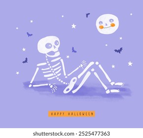 Funny Hand Drawn Halloween Vector Card. Funny Skeleton Chilling and Lying on the Ground, Looking at a Moon. Skeleton and Bats on a Violet Background. Infantile Drawing-like Halloween Print. RGB.