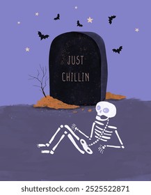 Funny Hand Drawn Halloween Vector Card. Funny Skeleton Chilling and Lying on the Ground of Graveyard. Skeleton and Bats on a Violet Background. Infantile Drawing-like  Skeleton In The Cemetery. RGB.