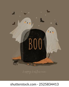 Divertida mano dibujada tarjeta de Vector de Halloween. Fantasmas divertidos jugando en el cementerio. Feliz Halloween. Lindos fantasmas y murciélagos sobre un fondo marrón. Dibujo infantil como fantasmas kawaii en el cementerio. RGB.