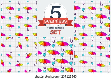 Funny hand drawn heart and colorful umbrella sketch in a notebook. Set of 5 vector seamless pattern. Chess grid order pattern.