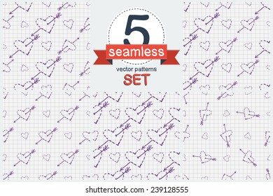 Funny hand drawn heart pierced by an arrow sketch in a notebook. Set of 5 vector seamless pattern. Chess grid order pattern.