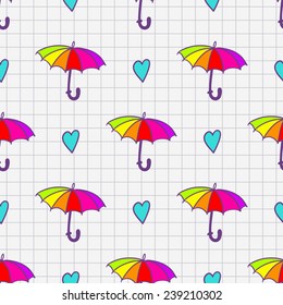 Funny hand drawn heart and umbrella sketch in a notebook vector seamless pattern. Chess grid order pattern.