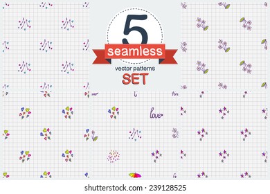 Funny hand drawn hearts and arrows love elements sketch in a notebook. Set of 5 vector seamless pattern. Chess grid order pattern.