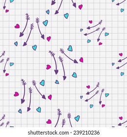 Funny hand drawn hearts and arrows sketch in a notebook vector seamless pattern. Set of hearts, love, arrows, happiness elements. Chess grid order pattern.