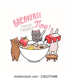 Funny hand drawn illustration about breakfast morning porridge. Cute bunny pouring milk, bear holding a strawberry and cat cooking healthy meal for children. Kids food image. Happy animals like people