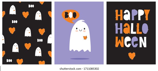 Funny Hand Drawn Illustration with Cute White Ghost Isolated on a Violet Background. Lovely Nursery Art for Halloween Party. Simple Handwritten Happy Halloween Card. Pattern with Ghosts and Hearts.