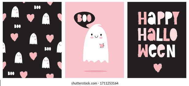 Funny Hand Drawn Illustration with Cute White Ghost Isolated on a Pink Background. Lovely Nursery Art for Pink Halloween Party. Simple Handwritten Happy Halloween Card. Pattern with Ghosts and Hearts.