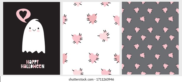 Funny Hand Drawn Illustration with Cute White Ghost Isolated on a Black Background. Pink Halloween Party. Simple Happy Halloween Card. 2 Seamless Patterns with Sweet Pink Hearts on a Gray and White.