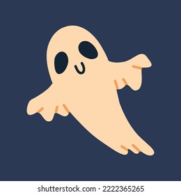 Helle, handgezeichnete Illustration mit süßem hellen Geist einzeln auf dunklem Hintergrund. Fliegender Geist. Fröhliches Halloween. Cute Cartoon spoky Charakter. 