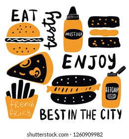 Funny hand drawn illustration of fast food with lettering. Ideal for fast food cafe advertising. Vector.