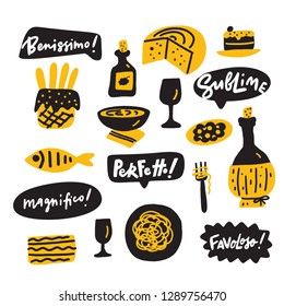 Funny hand drawn illustration of italian food and expressions of delight about tasty food. Vector design