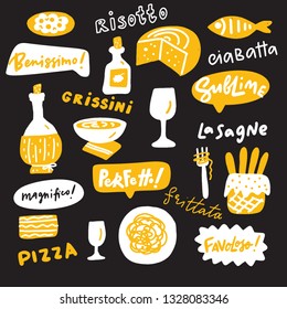 Funny hand drawn illustration of italian food and expressions of delight about tasty food. Vector design.