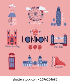Funny hand drawn illustration of London landmarks and symbols. British sightseeing. Tower Bridge. Westminster Abbey.   Greenwich Park. 30 St Mary Axe. Horniman Museum. Vector. 