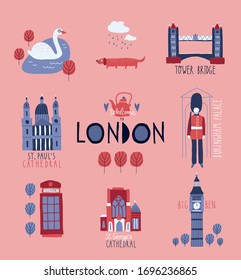 Graciosa ilustración a mano de los monumentos y símbolos de Londres. Visita turística británica. Puente Tower. Catedral de San Pablo. Palacio de Bukingham. Big Ben. Catedral de San Jorge. Guardia de la Reina. Vector. 