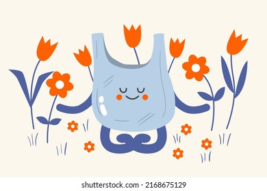 Funny hand drawn illustration of plastic bag meditating in the garden. Can be used to illustrate nature pollution problem for kids. Recycle and reuse garbage concept with cute comic character