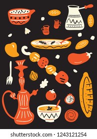 Funny hand drawn illustration of traditional middle eastern cuisine. .Colorful elements on black background. Vector design.