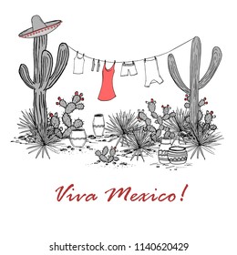 Funny hand drawn illustraytion with jars, blue agave, prickly pear, and laundry hanging on a clothesline. Latin American background. Mexican landscape. Viva Mexico Vector.