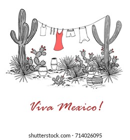 Funny hand drawn illustraytion with jars, saguaro, blue agave, prickly pear, and laundry hanging on a clothesline. Latin American background. Viva Mexico Vector.