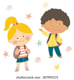 Funny hand drawn kids with backpacks. Cute boy and girl with schoolbags. Happy first day of school card design.Cartoon vector eps 10 illustration on white background in flat style