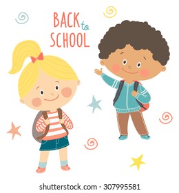 Funny hand drawn kids with backpacks. Cute boy and girl with schoolbags. Back to school  card design.Cartoon vector eps 10 illustration on white background in flat style