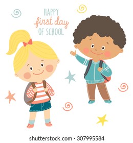 Funny hand drawn kids with backpacks. Cute boy and girl with schoolbags. Happy first day of school card design.Cartoon vector eps 10 illustration on white background in flat style