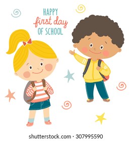 Funny hand drawn kids with backpacks. Cute boy and girl with schoolbags. Happy first day of school card design.Cartoon vector eps 10 illustration on white background in flat style