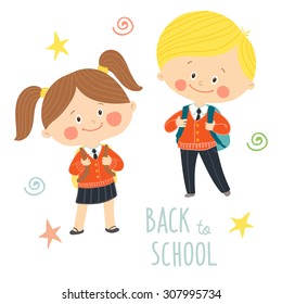 Funny hand drawn kids in school uniforms with schoolbags. Cute boy and girl with backpacks. Back to school card design.Cartoon vector clip art eps 10 illustration on white background in flat style
