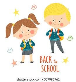 Funny hand drawn kids in school uniforms with schoolbags. Cute boy and girl with backpacks. Back to school card design.Cartoon vector clip art eps 10 illustration on white background in flat style