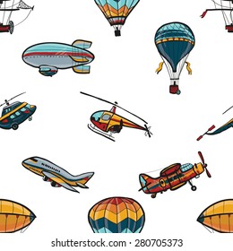 Funny hand drawn kids toy aeronautic transport. Baby bright cartoon helicopter, aerostat, balloon, biplane, airship, blimp, plane vector seamless pattern on white background. Set of isolated elements.