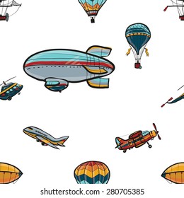 Funny hand drawn kids toy aeronautic transport. Baby bright cartoon helicopter, aerostat, balloon, biplane, airship, blimp, plane vector seamless pattern on white background. Set of isolated elements.