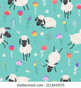 Funny hand drawn lambs and flowers seamless pattern on a bright green background. Texture with farm animals cartoon character made in vector.