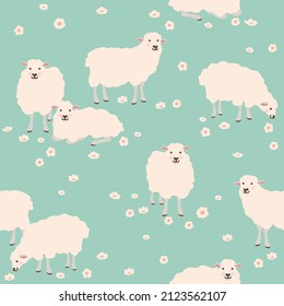 Funny hand drawn lambs and flowers seamless pattern on a green.
Fluffy wool lamb background for fabric, textile, paper, wallpaper, wrapping or greeting card. Kids element