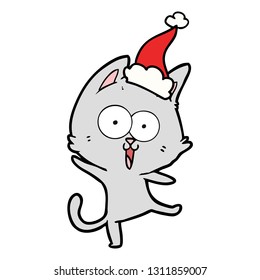 funny hand drawn line drawing of a cat wearing santa hat