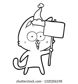 funny hand drawn line drawing of a cat with sign wearing santa hat