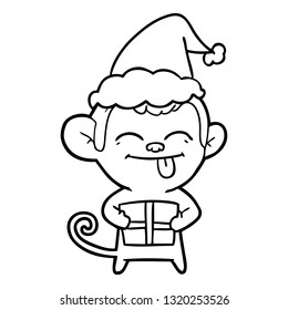 funny hand drawn line drawing of a monkey with christmas present wearing santa hat