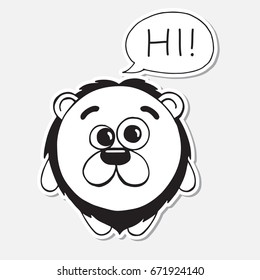 Funny hand drawn lion in cartoon style. Cloud overhead with text Hi. Vector illustration of a sketch style.
