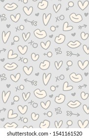Funny hand drawn love doodle pattern of different hearts, arrows and kisses on grey background. Happy Valentine`s day illustration