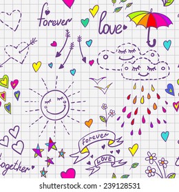 Funny hand drawn love elements sketch in a notebook. Vector seamless pattern. Vector seamless pattern background. Love sketch seamless pattern backdrop. Seamless pattern wallpaper. Seamless design.