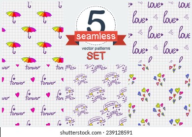 Funny hand drawn love elements sketch in a notebook. Set of 5 vector seamless pattern. Chess grid order pattern.