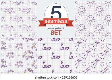Funny hand drawn love sketch in a notebook. Set of 5 vector seamless pattern. Chess grid order pattern.