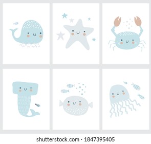 Funny Hand Drawn Marine Party Vector Illustration with Cute Shark, Octopussy, Crab, Fishes, Starfish and Pupher. Simple Infantile Style Nursery Art ideal for Marine Party Decoration, Card, Wall Art. 