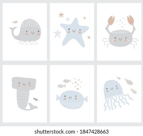 Funny Hand Drawn Marine Party Vector Illustration with Cute Shark, Octopussy, Crab, Fishes, Starfish and Pupher. Simple Infantile Style Nursery Art ideal for Marine Party Decoration, Card, Wall Art. 