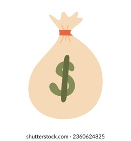 Funny hand drawn money bag with dollar sign. Symbol of finance, economy, bank, success and payment in cartoon childish style. Big simple doodle moneybag isolated on white background